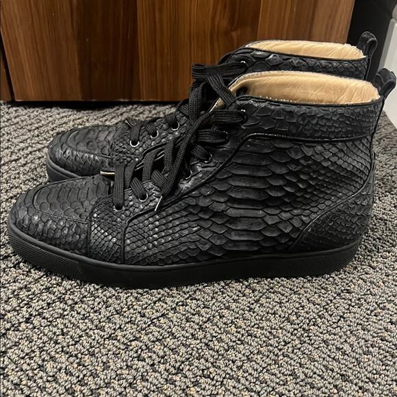 Christian Louboutin Black High-Top Sneakers Louis Flat Python Wax - Picture 1 of 9
